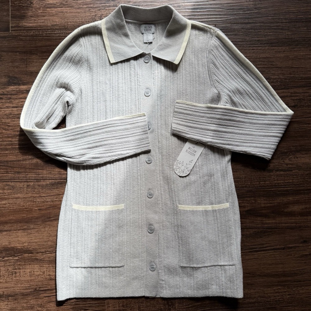 NWT Willow Blossom Heather Grey Polo Cardigan L - Preppy Ribbed Knit Button Up